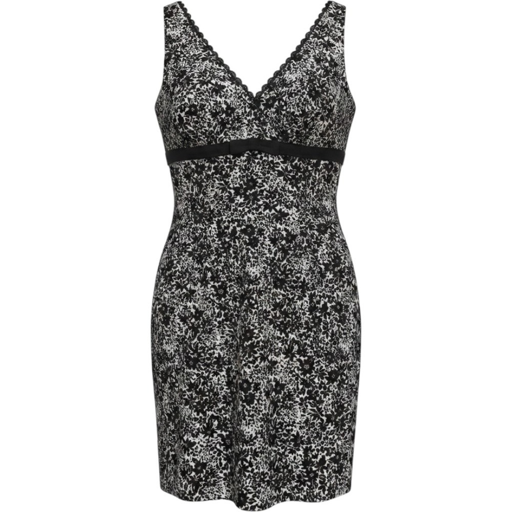 Womens Black White Floral Lace Trim V-Neck Sleeveless Sheath Dress Bow Accent